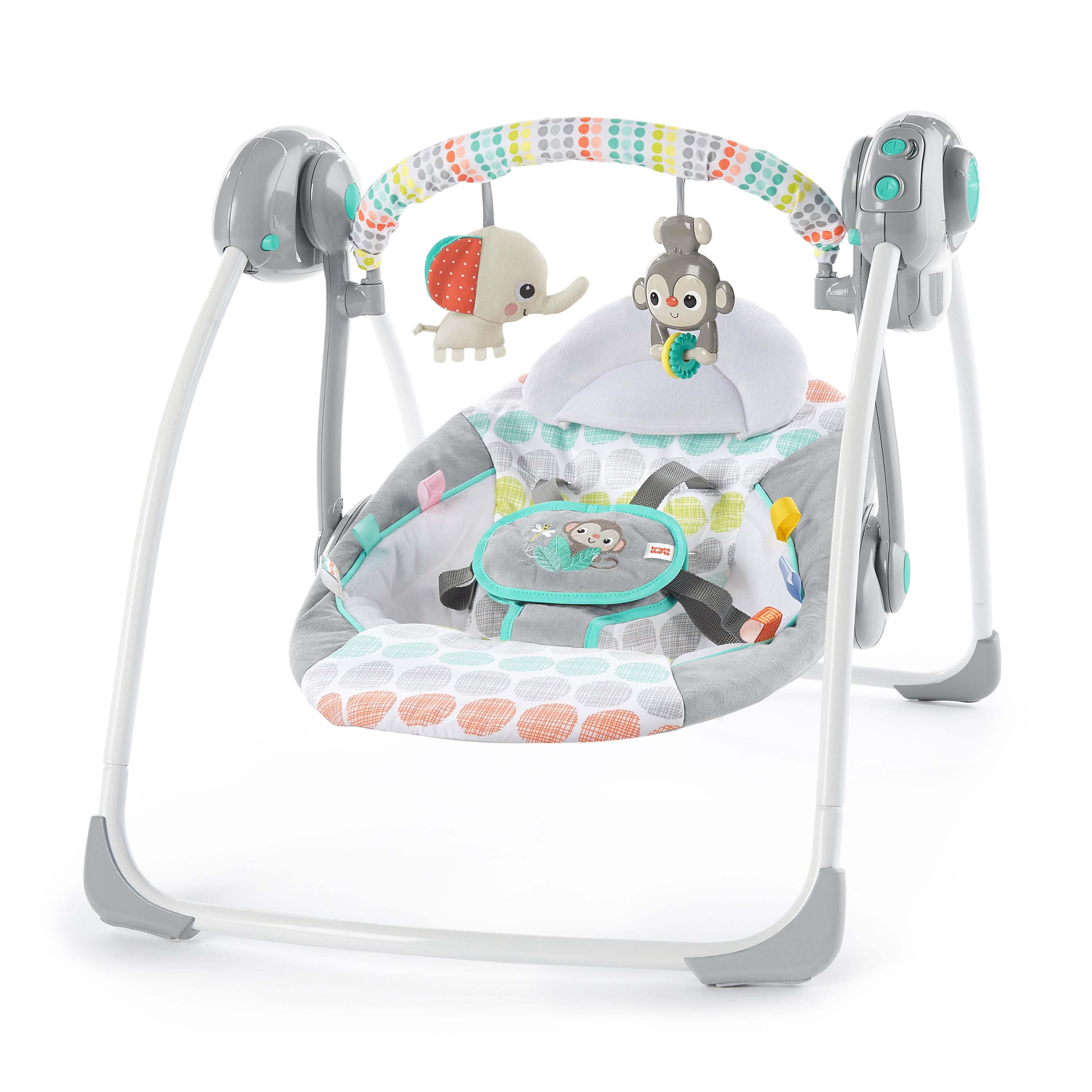 Bright Starts Whimsical Wild Portable Swing with elephant and monkey toys, colorful design, and adjustable seat.
