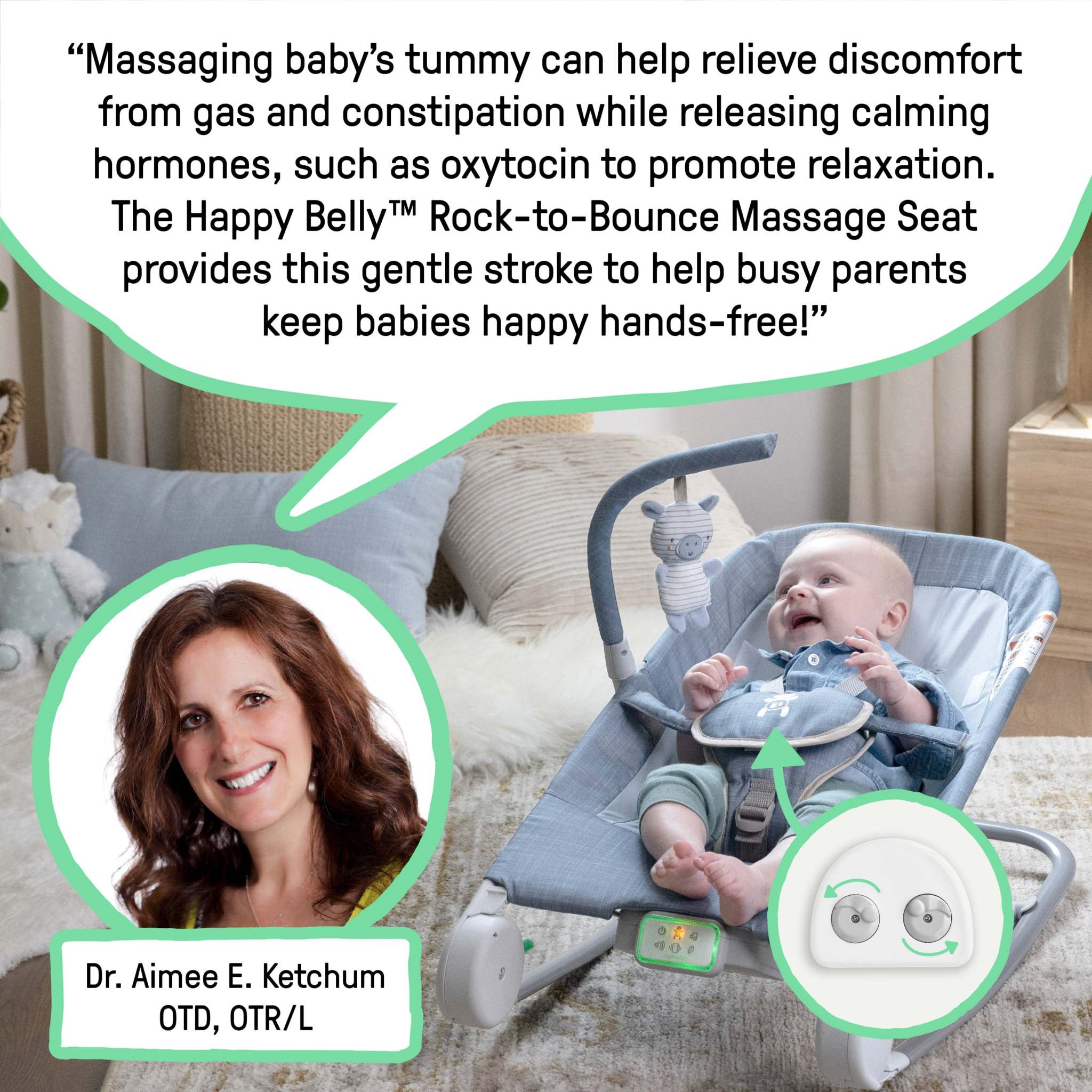 mother talking about happy belly rock-to-bounce massage seat - parker