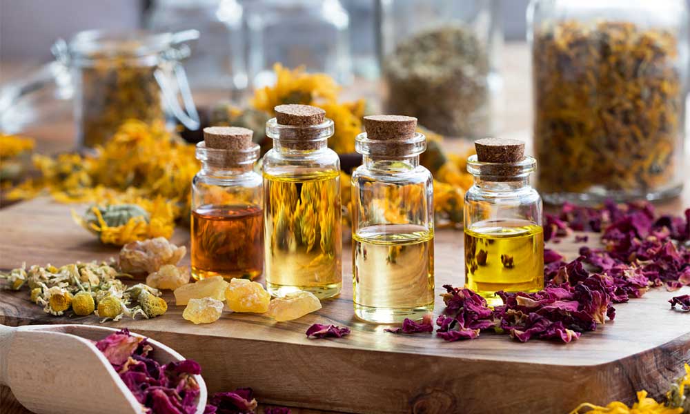 bottles of essential oil for aromatherapy