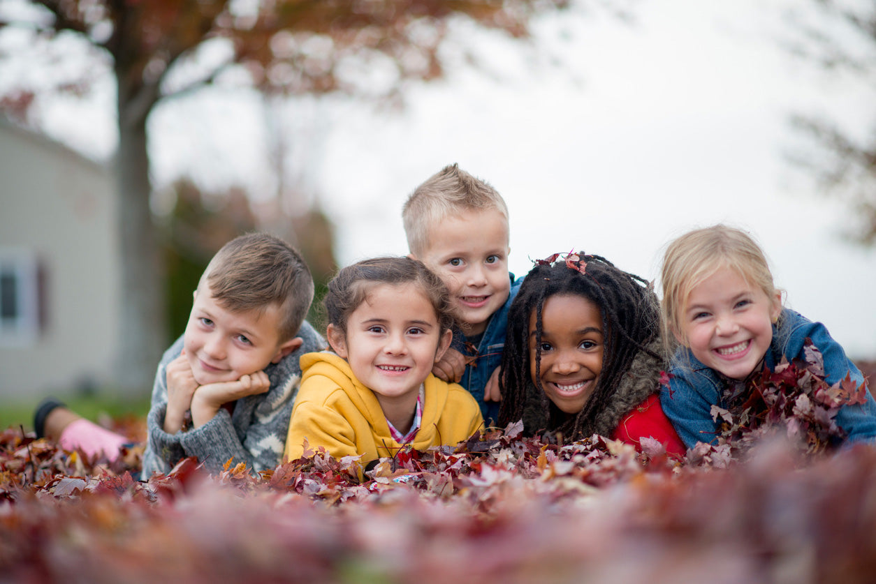 kids playing in the leaves