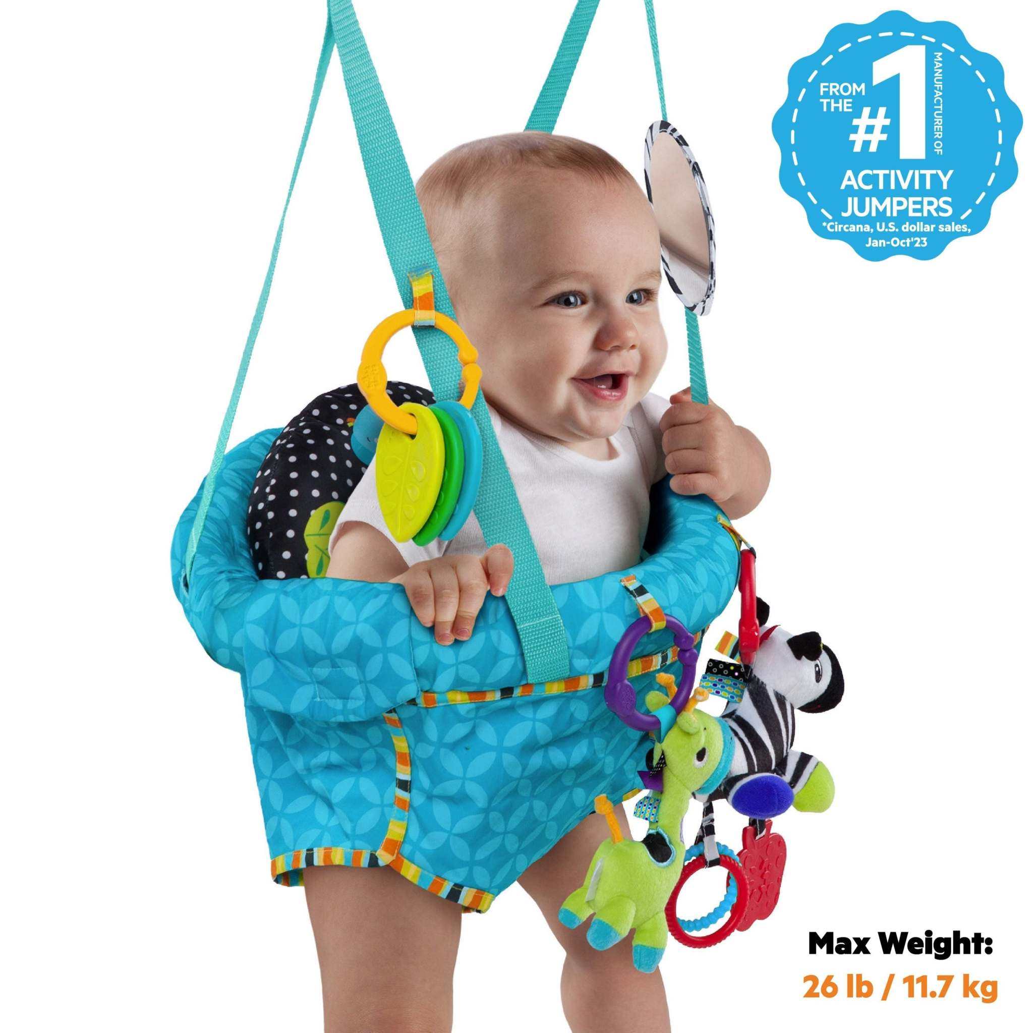 Baby happily playing in a safe and adjustable baby door jumper attached to a doorway