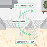 White Doorway 48W Series pet and baby safety gate with arch and auto-close feature