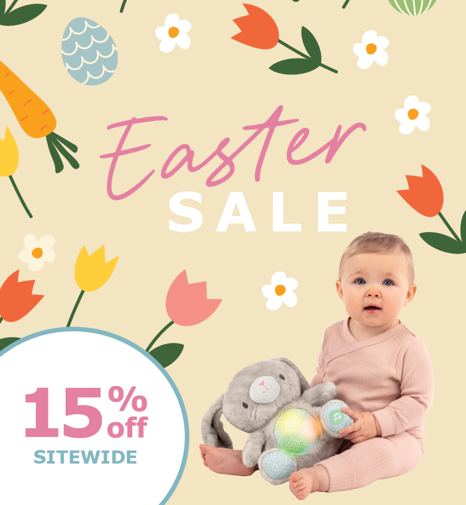 Easter sale advertisement with a baby holding a toy and colorful Easter elements on a beige background.