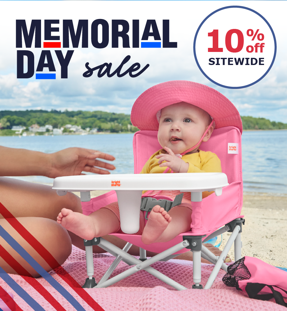 Baby in a pink beach chair with a Memorial Day sale advertisement on a beach background.