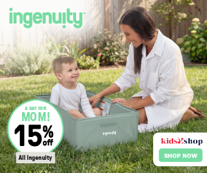 Woman and child playing with a green Ingenuity playpen in a grassy area, with 'ingenuity' branding visible.