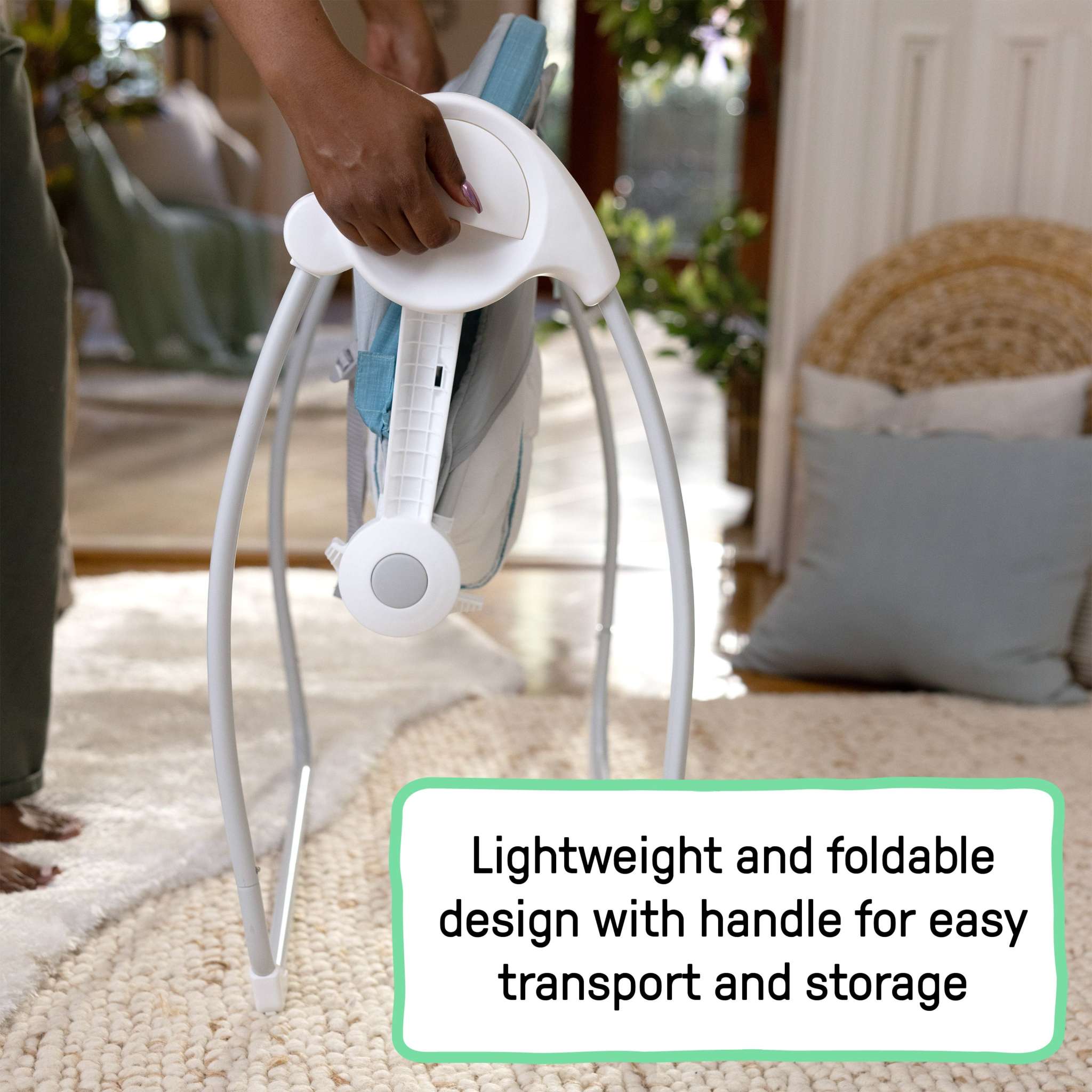 Sun Valley Canopy Portable Swing in teal with canopy, reclining seat, toys, and foldable design for infants