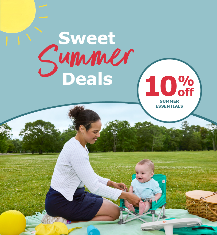 Woman with a baby in a green chair outdoors with promotional text for 'Sweet Summer Deals' and '10% off Summer Essentials'.