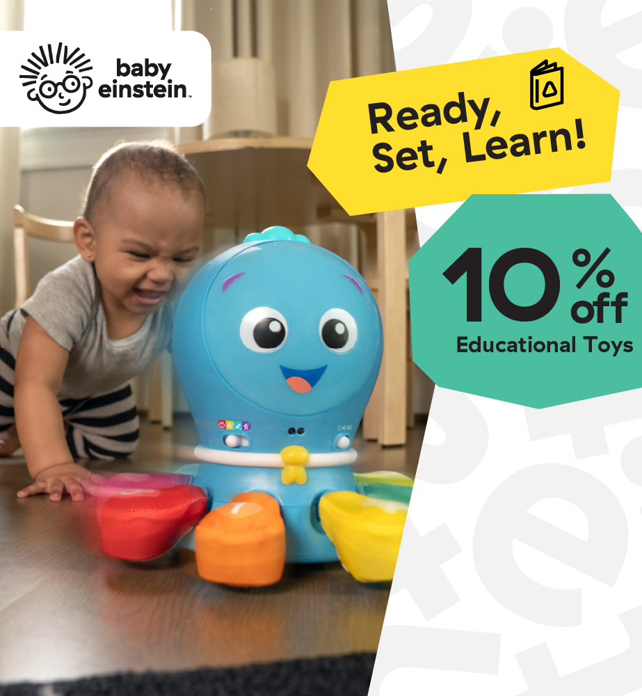 Baby Einstein educational toy with a smiling blue character and colorful peg holes, shown on a wooden floor with a baby crawling beside it. Promotional text overlays read 'Ready, Set, Learn!', '10% off Educational Toys', and the Baby Einstein logo appears in the top left.