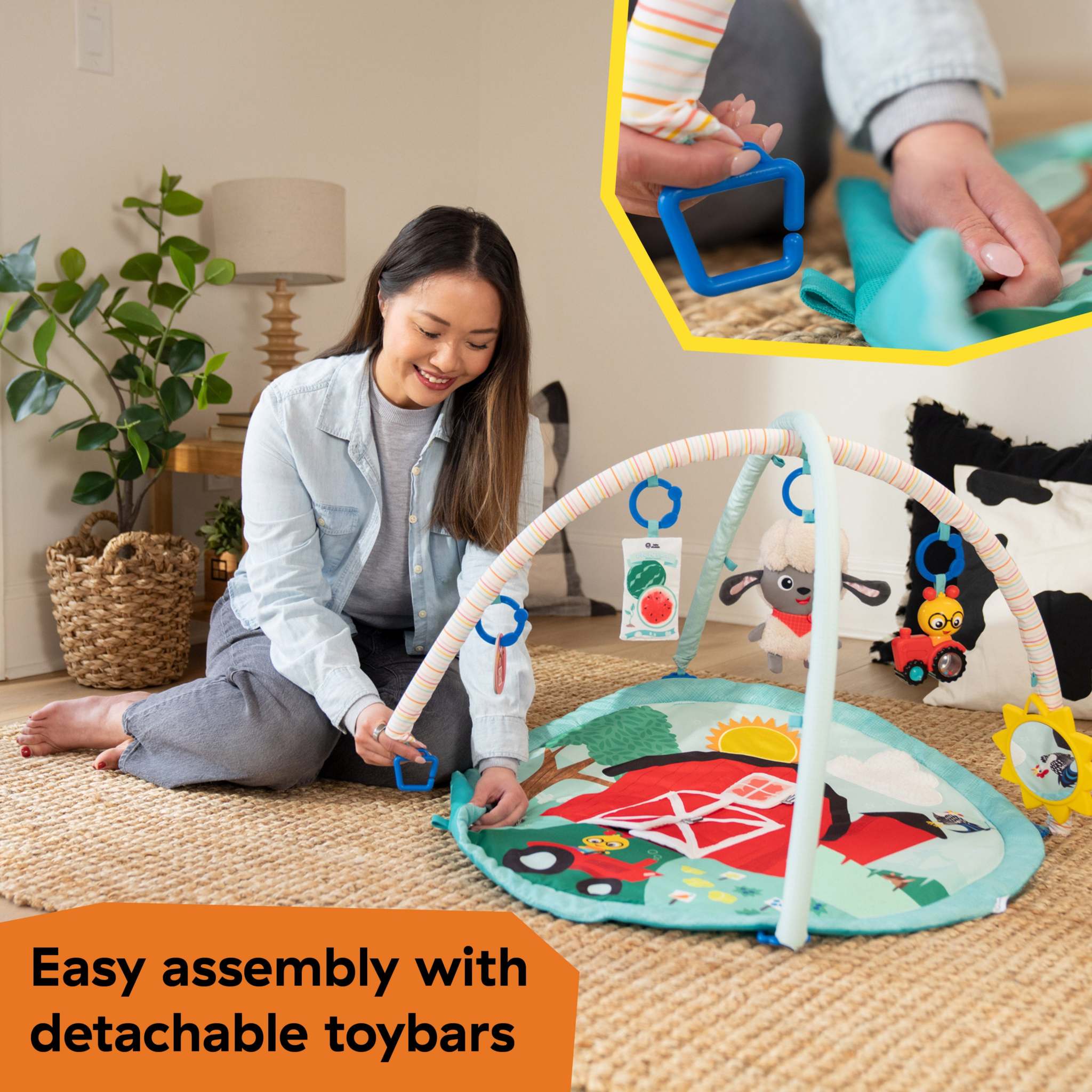 Baby Einstein Happy Harvest Touch & Feel Activity Gym with farm-themed sensory toys and soft play mat for infants