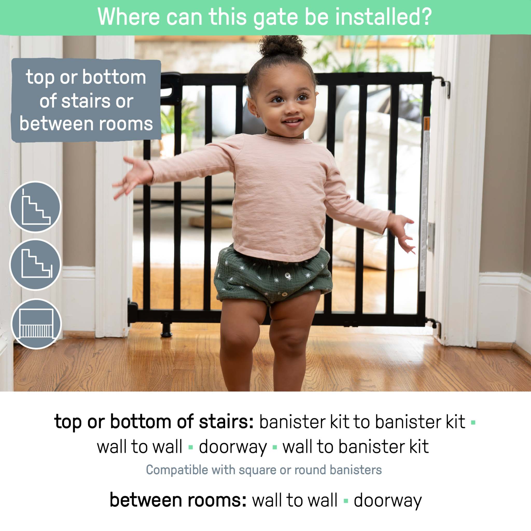 Ingenuity The Stairway 48W Series brown wood safety gate for stairs and doorways with comfort grip handle and locking indicator