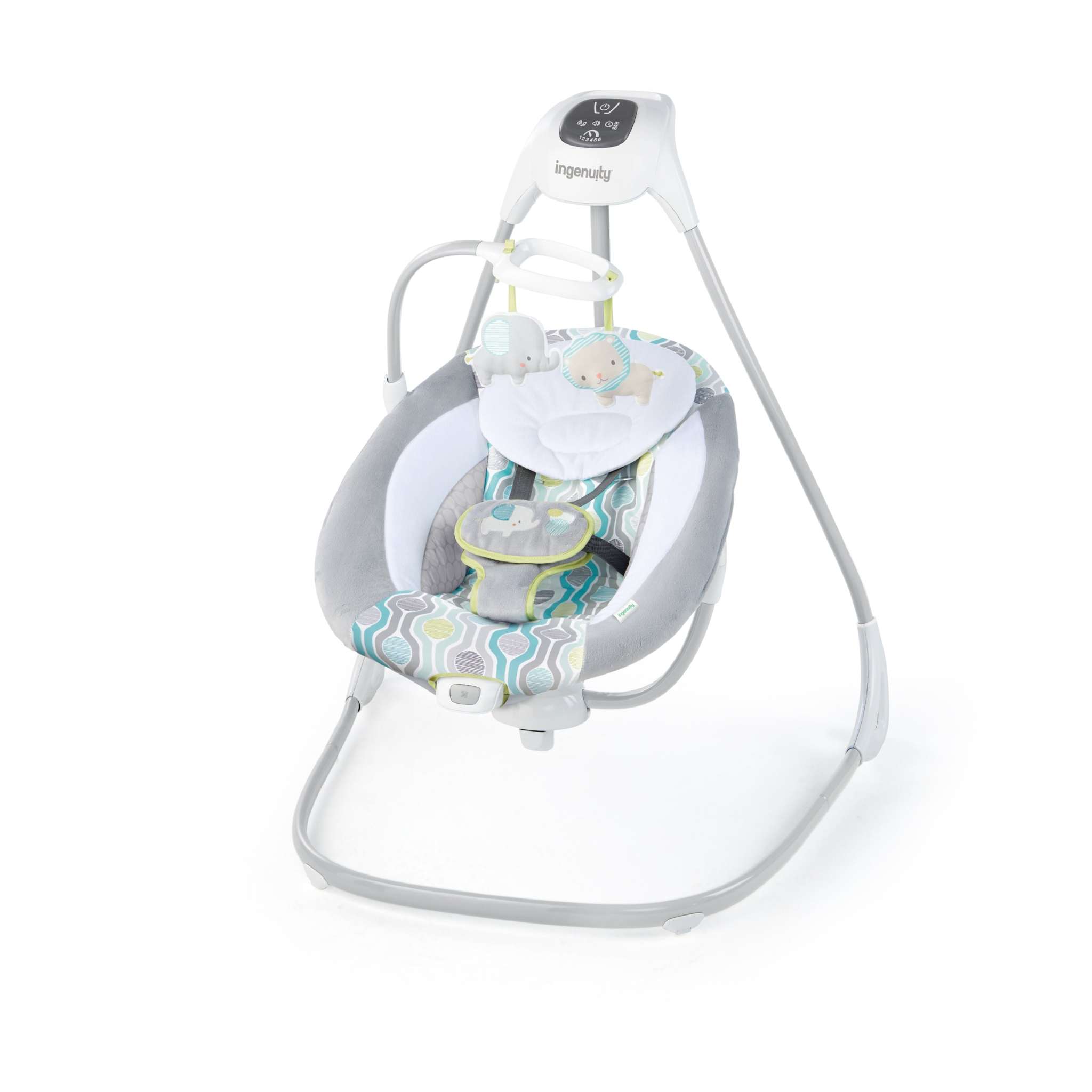 Ingenuity SimpleComfort Multi-Direction Compact Vibrating Baby Swing with plush toys and adjustable recline.