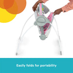 Bright Starts Pink Paradise Portable Swing with interactive toys and adjustable recline for babies up to 9 months