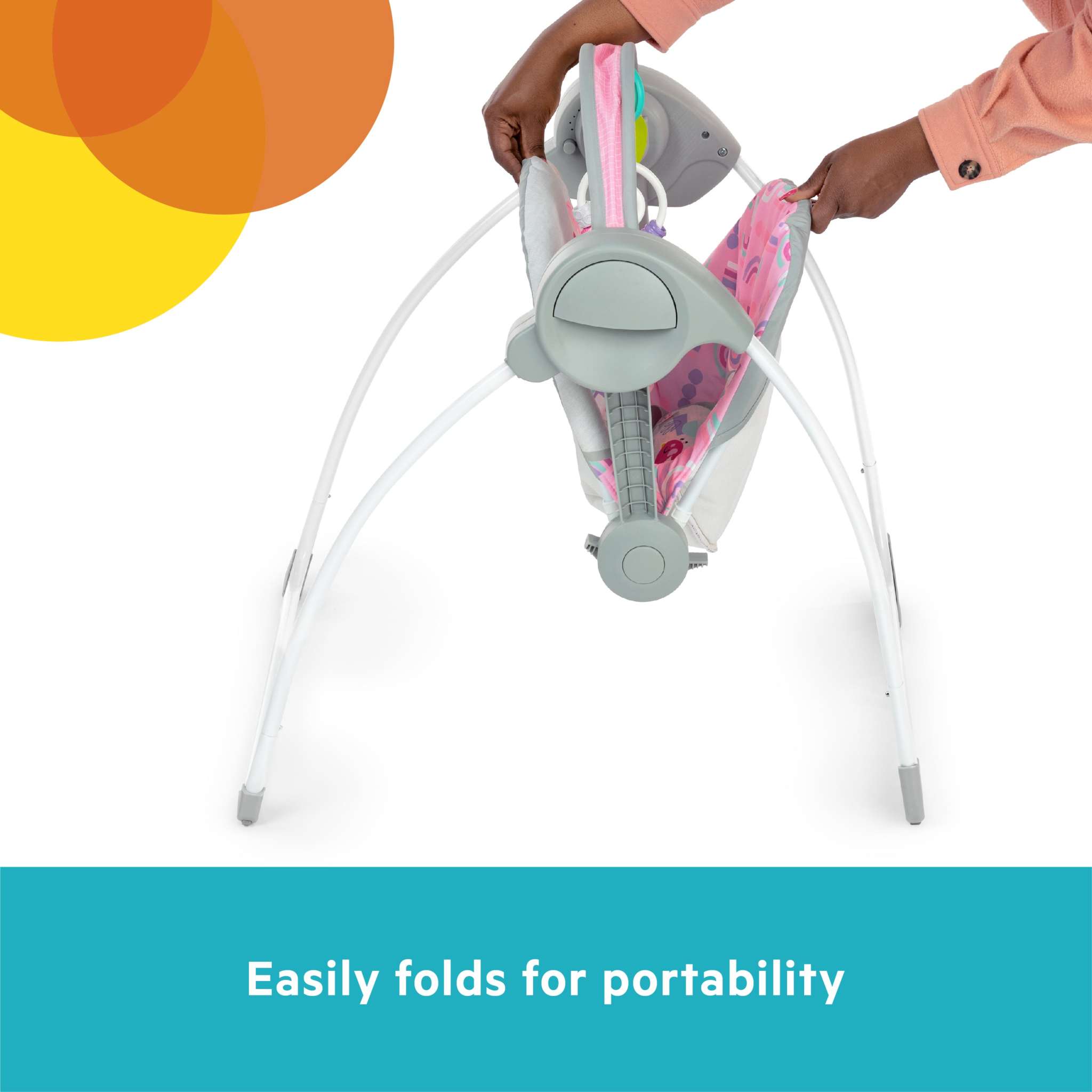 Bright Starts Pink Paradise Portable Swing with interactive toys and adjustable recline for babies up to 9 months