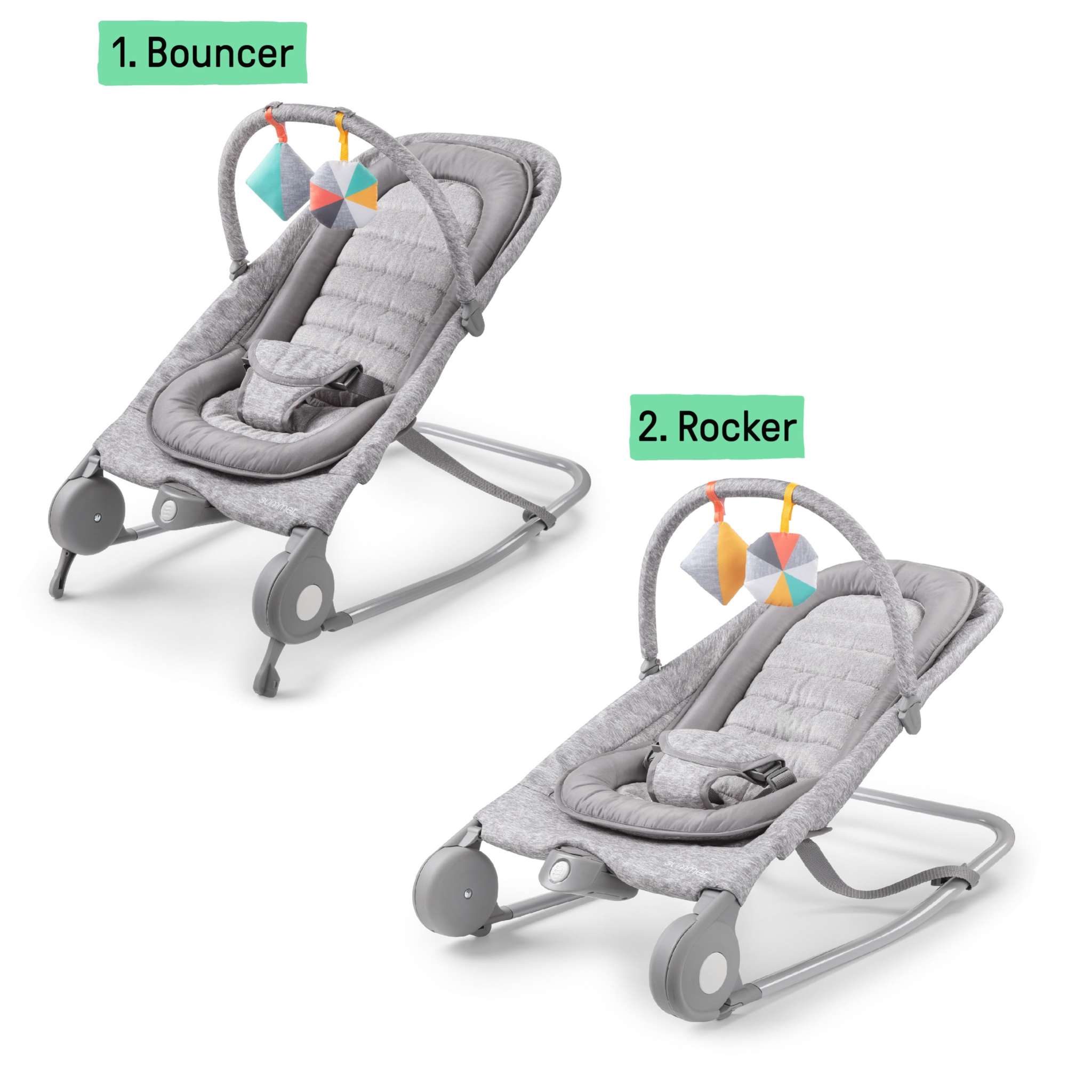 Summer 2-in-1 Bouncer & Rocker Duo in light gray tweed with toy bar and vibration feature