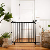 Ingenuity Stairway+ 46W Series black metal safety gate for dogs and babies, fits 32-48 inch spaces, no-threshold design, easy one-handed open door