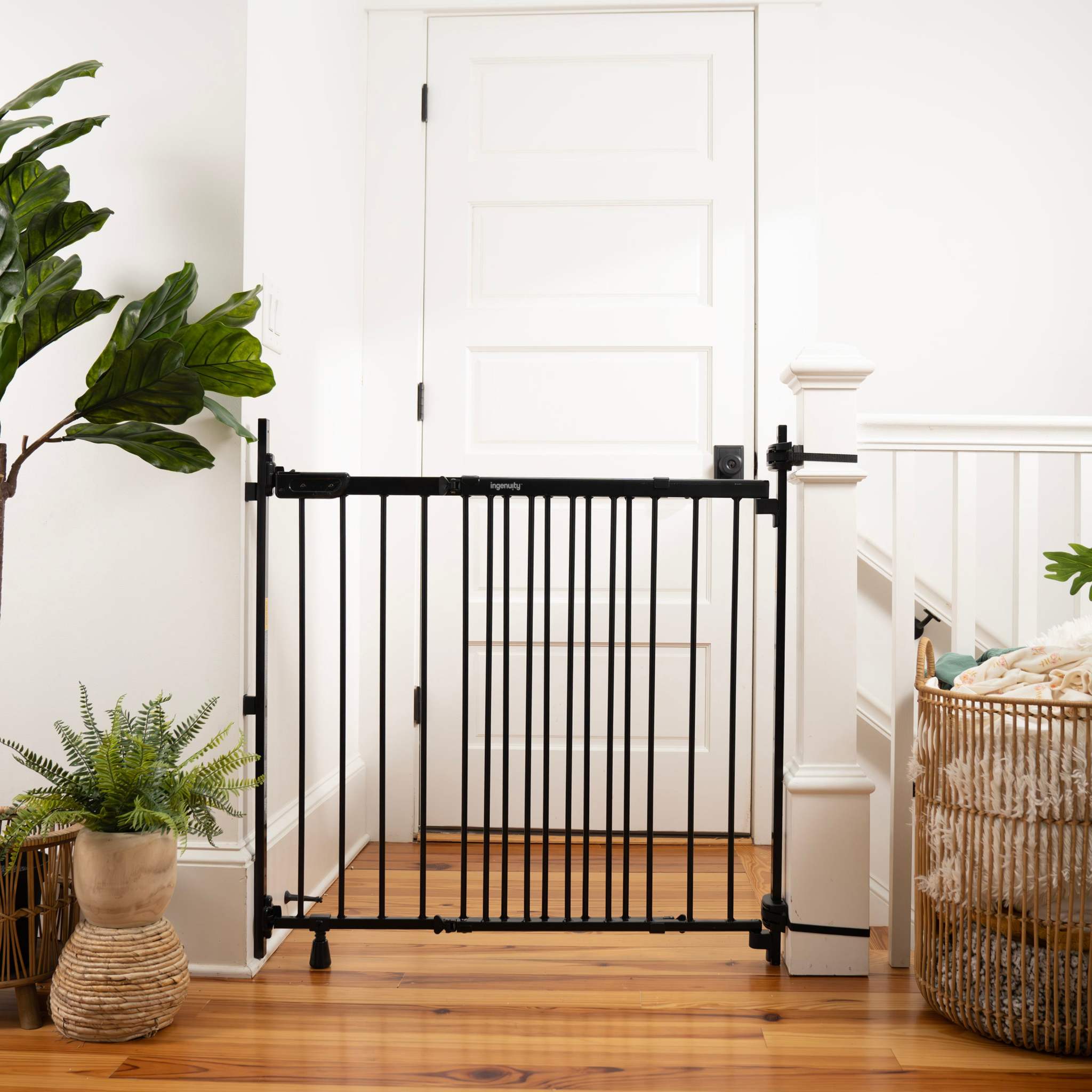 Ingenuity Stairway+ 46W Series black metal safety gate for dogs and babies, fits 32-48 inch spaces, no-threshold design, easy one-handed open door
