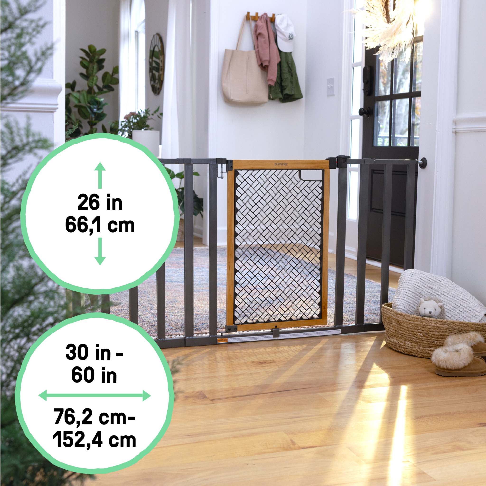 Ingenuity The Thruway 60XW Series pet and baby safety gate with honey oak frame and geometric metal bars for wide openings