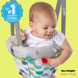 Bright Starts Playful Parade Door Jumper hanging in doorway with baby jumping and playing