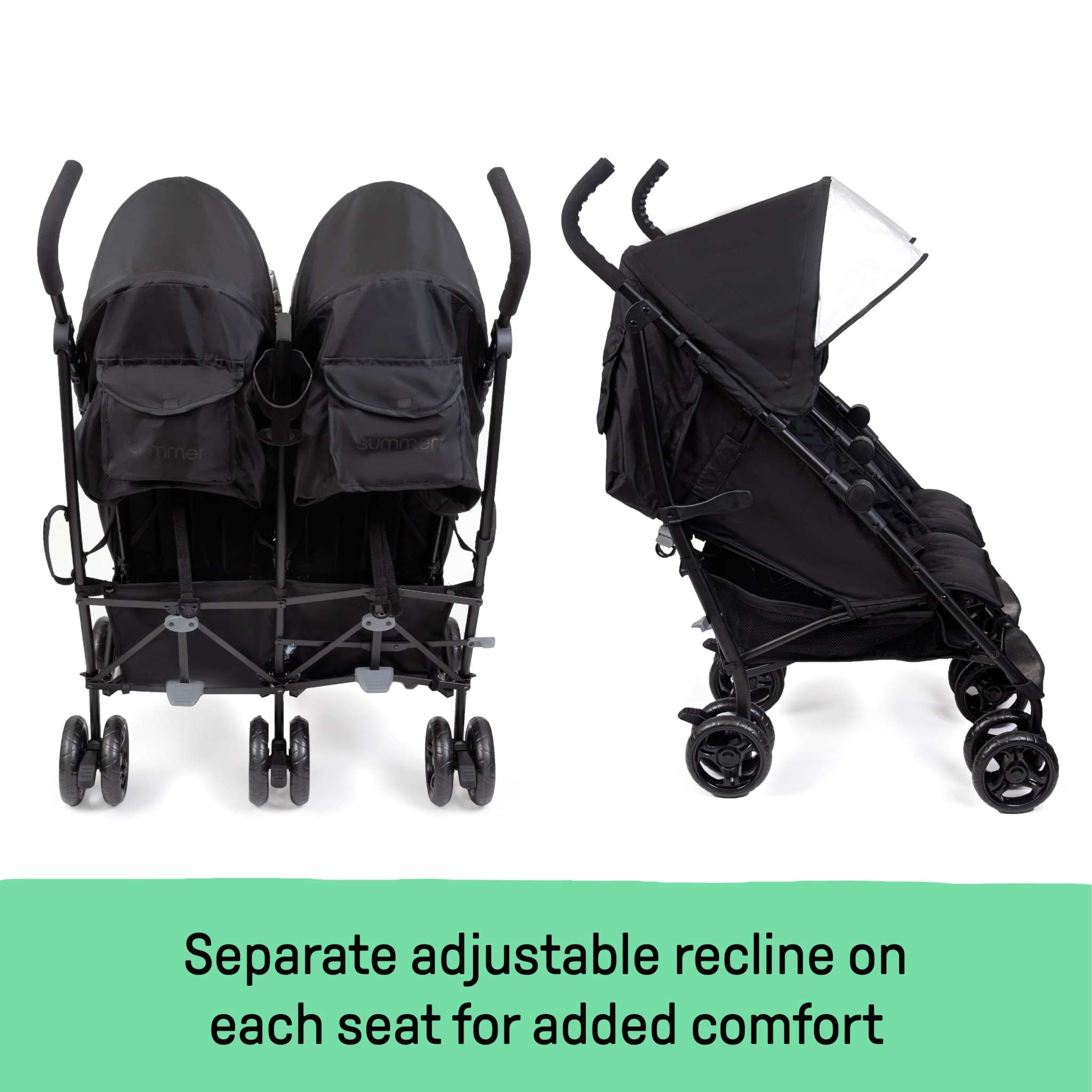 Ingenuity 3Dlite Double Stroller lightweight aluminum frame with padded double seats and sun visors