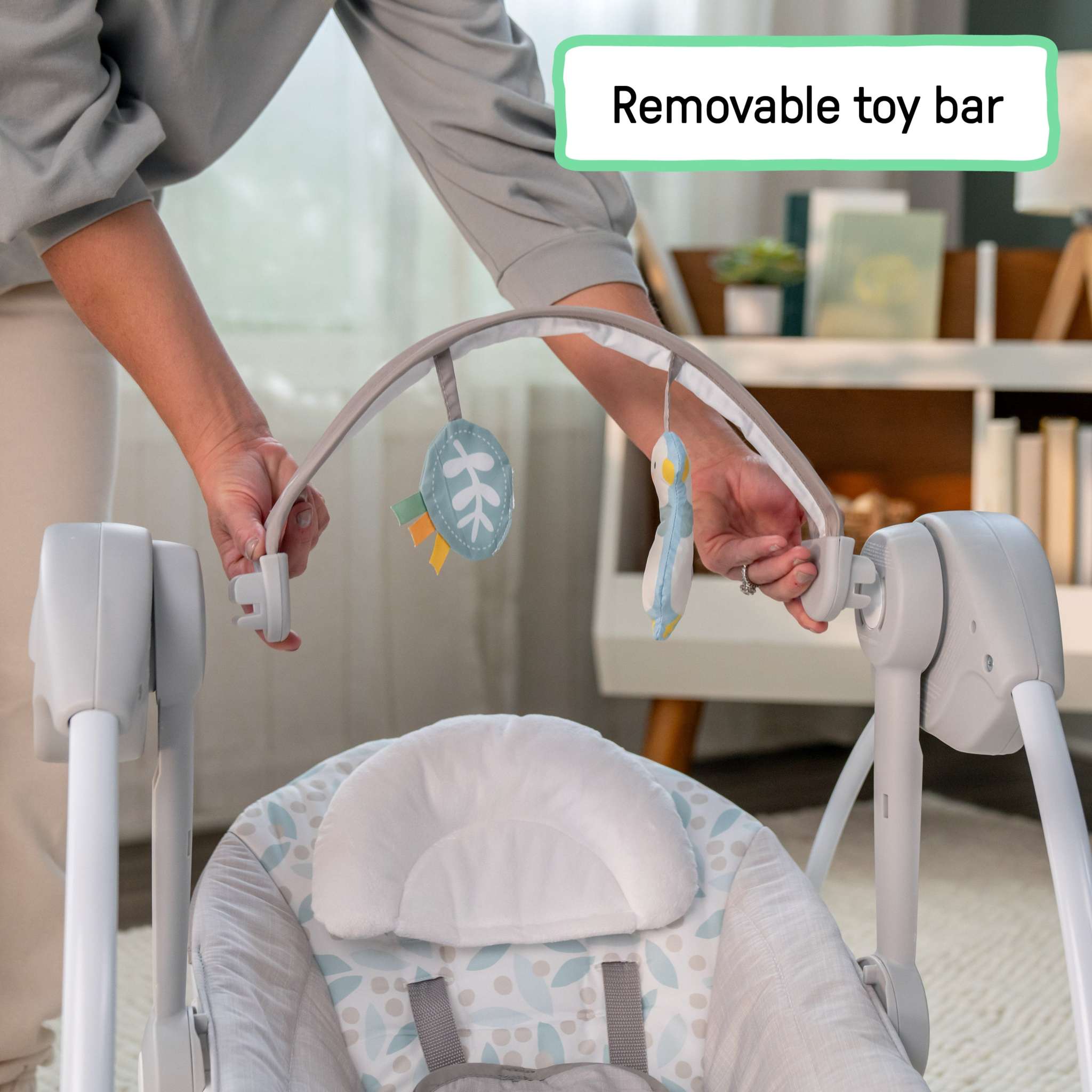 Comfort 2 Go Portable Swing with reclining seat, toys, and soothing melodies for babies up to 9 months