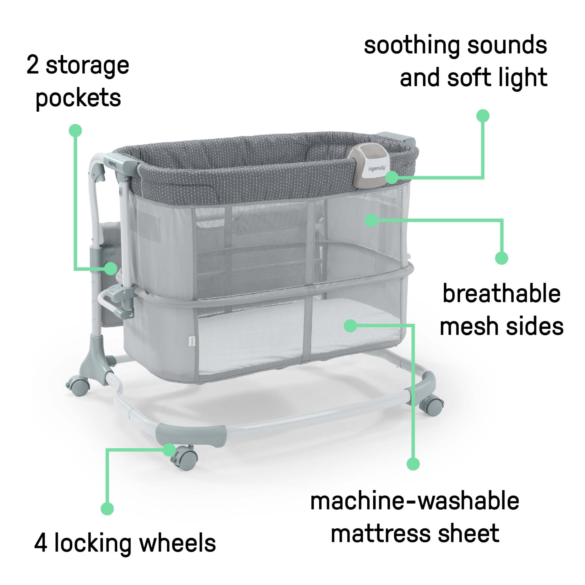 Ingenuity Dream and Grow Bedside Bassinet with breathable mesh sides and adjustable height for newborns to 12 months