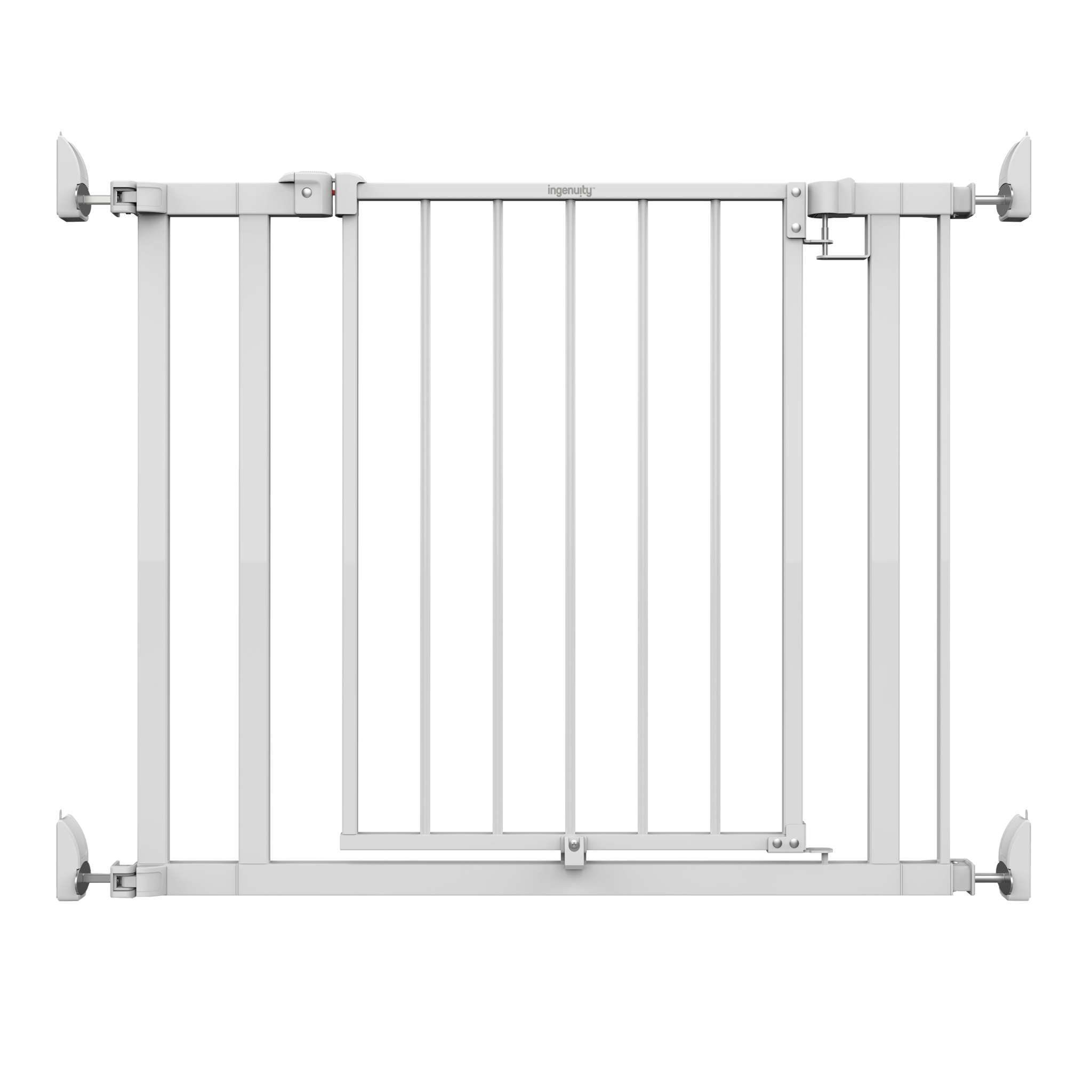 Ingenuity The Doorway 37W Series white metal pet and baby safety gate with Quad Cam-Lock system installed in doorway