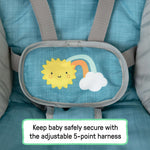 Sun Valley Canopy Portable Swing in teal with canopy, reclining seat, toys, and 5-point harness for infants.