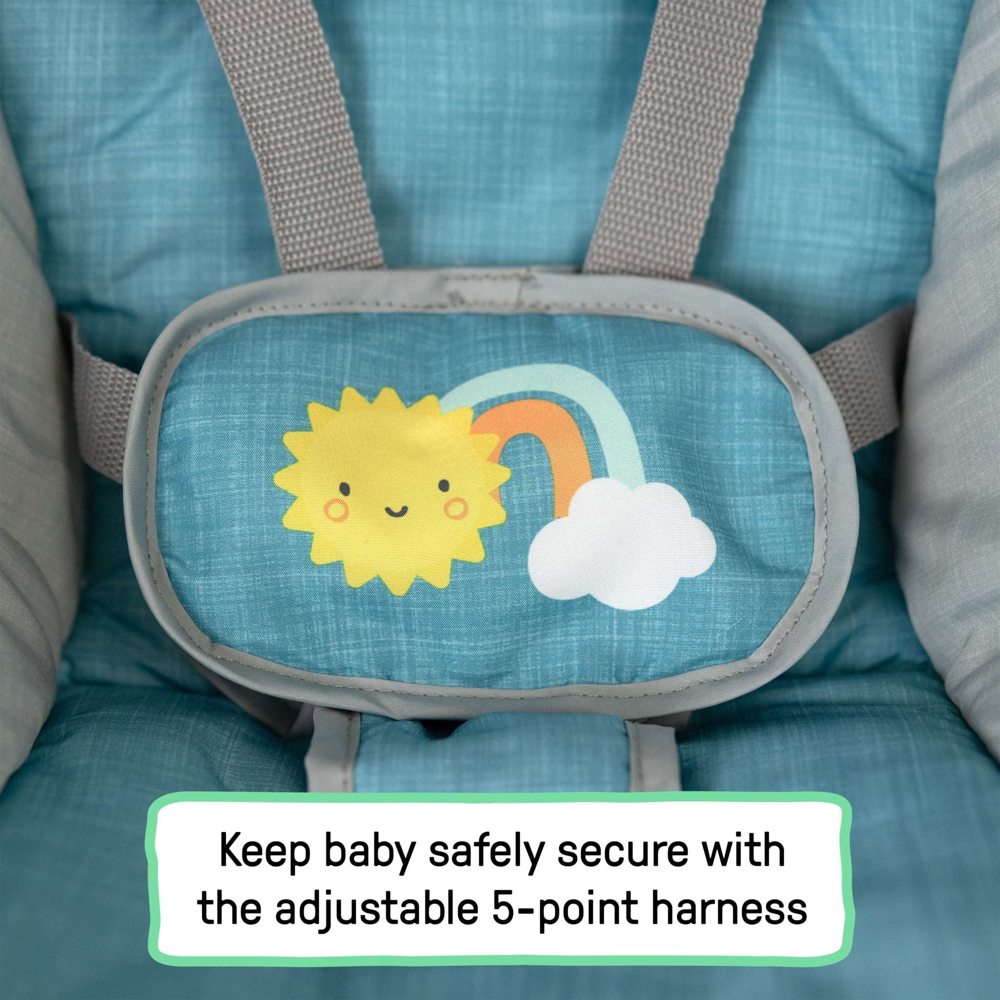 Sun Valley Canopy Portable Swing in teal with canopy, reclining seat, toys, and 5-point harness for infants.