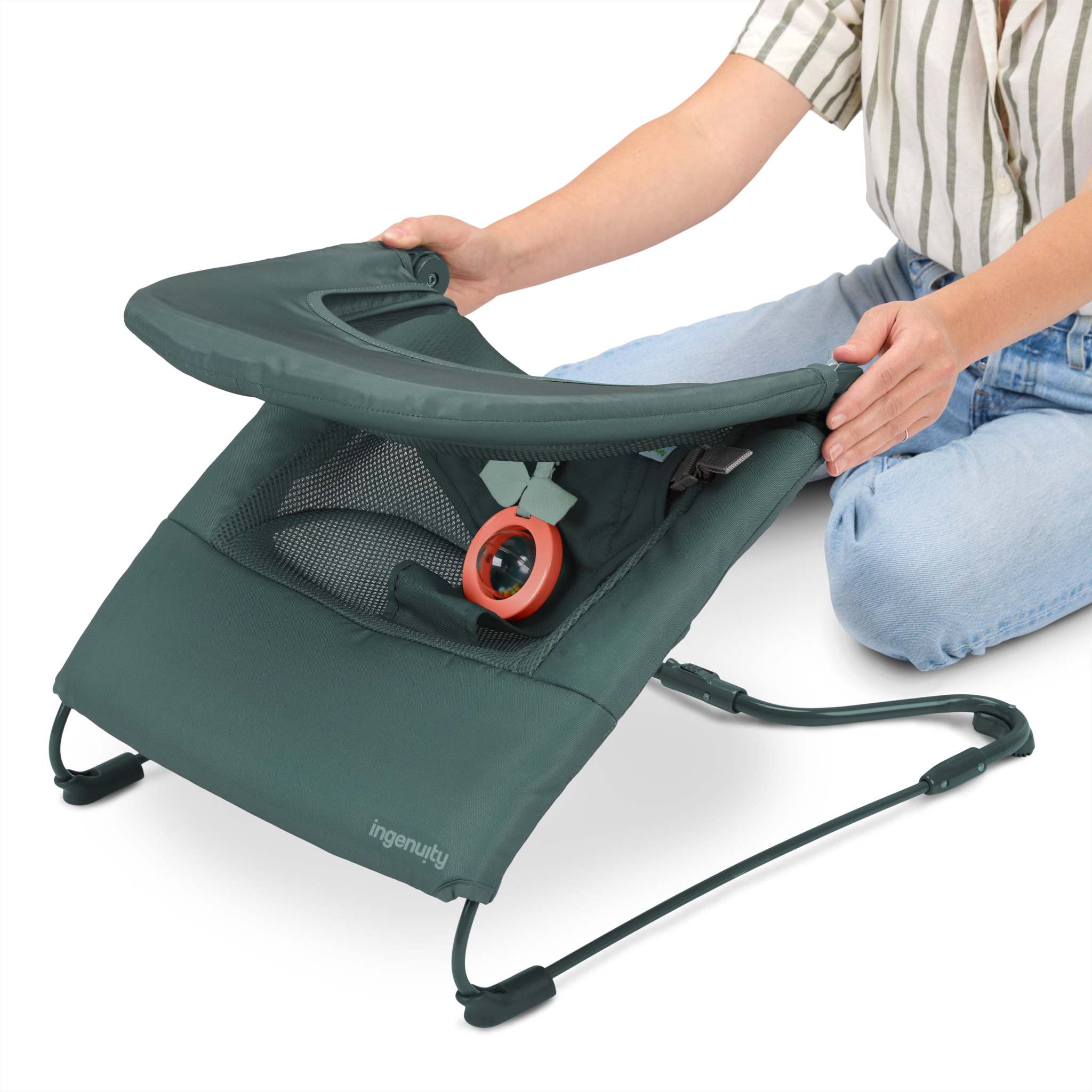 Lightweight Stow & Go Compact Folding Bouncer with fold-flat design, calm touch vibe-pod, and removable toy for baby comfort and travel convenience