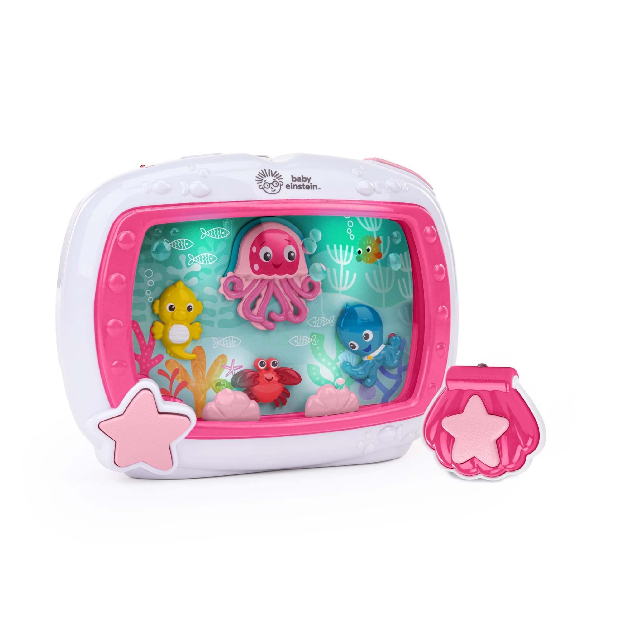 Baby Einstein Sea Dreams Soother in pink with ocean theme, displaying colorful sea creatures and comes with remote control.