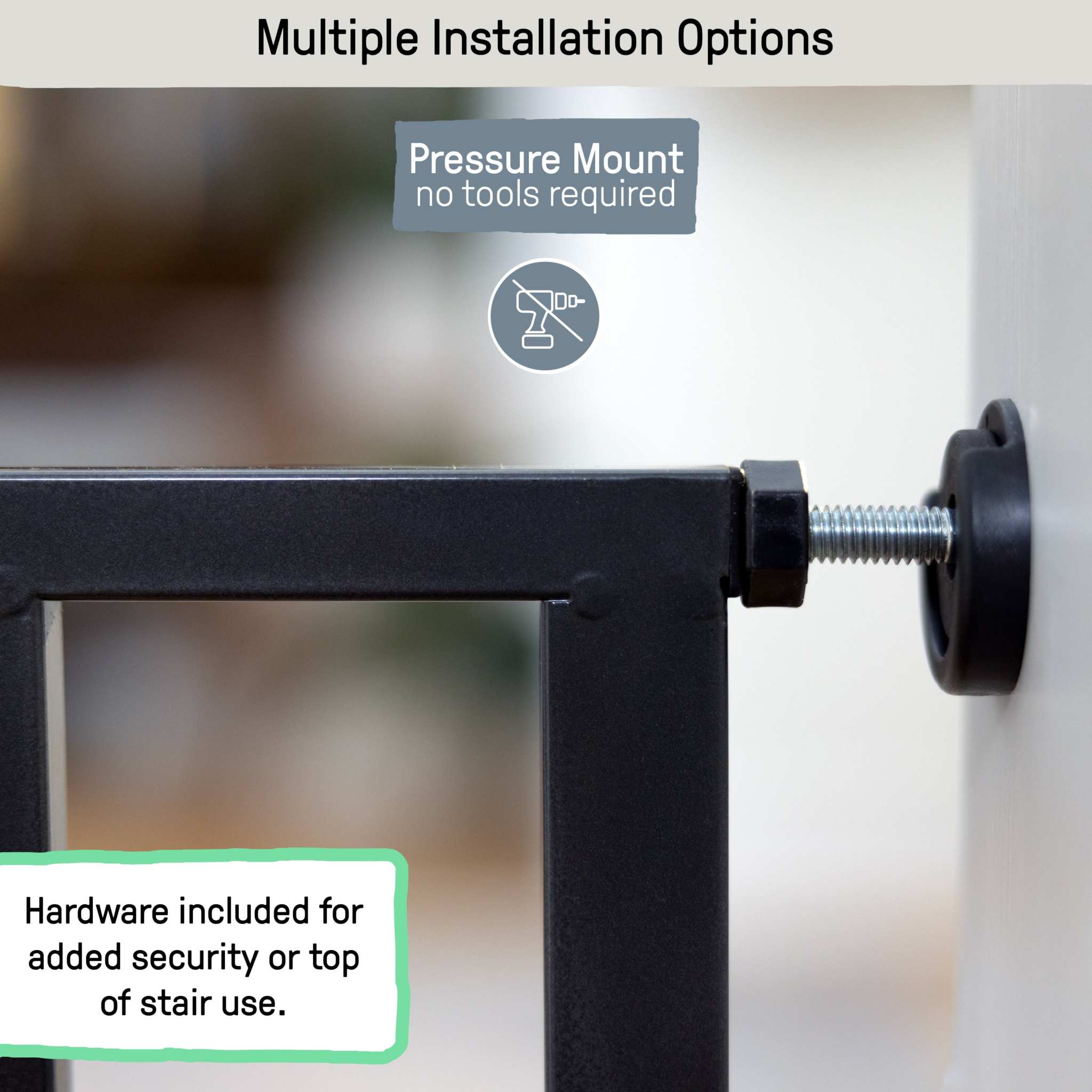 Ingenuity The Thruway 60XW Series pet and baby gate with honey oak frame and geometric metal bars in a home setting