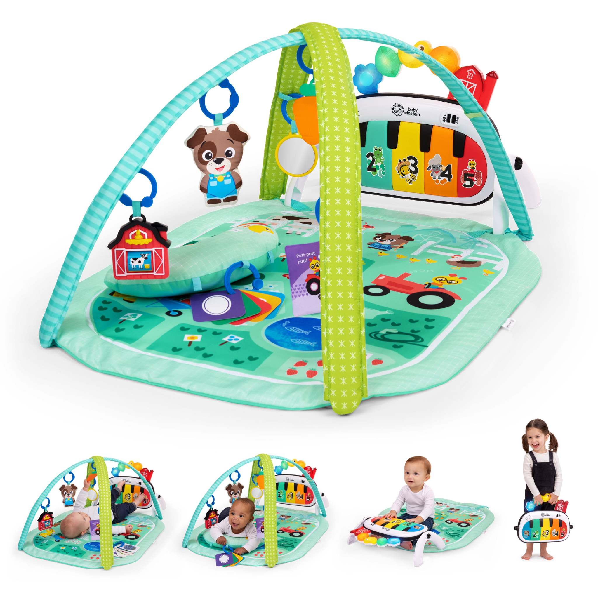 Baby Einstein Farm Explorers 4-in-1 musical play gym with kick piano, detachable toys, and colorful barnyard design for infant development