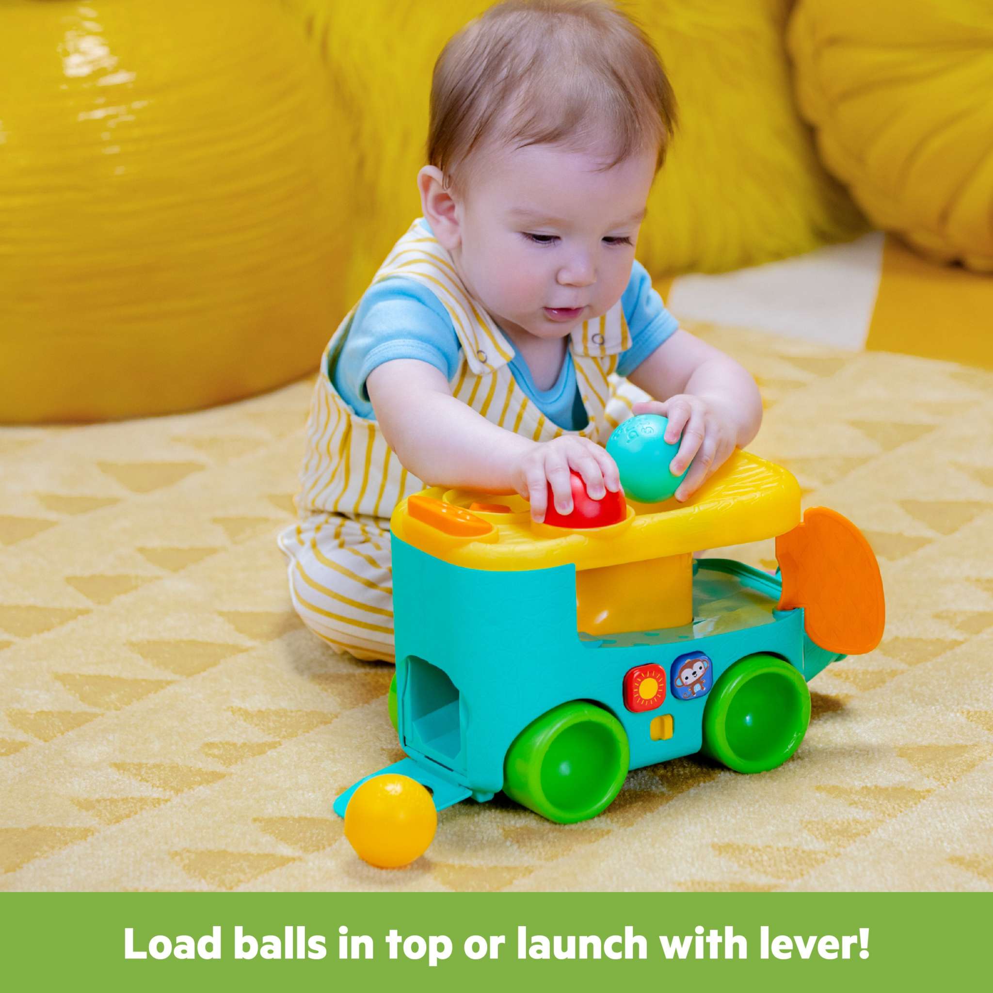 Bright Starts Pop & Roll Safari Bus baby toy with jungle theme, balls, lights, and sounds