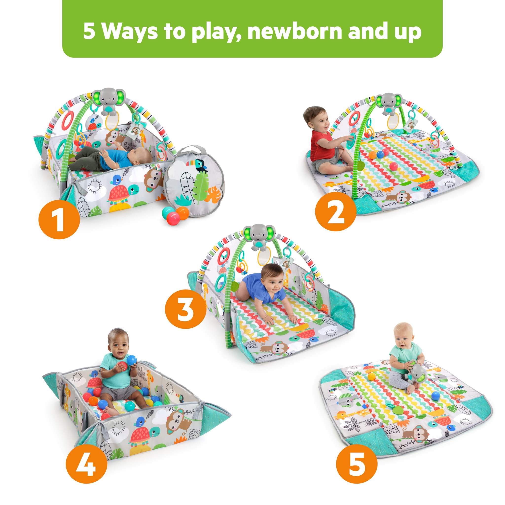 5-in-1 Your Way Ball Play Activity Gym & Ball Pit with colorful balls and tropical toys for infants and toddlers