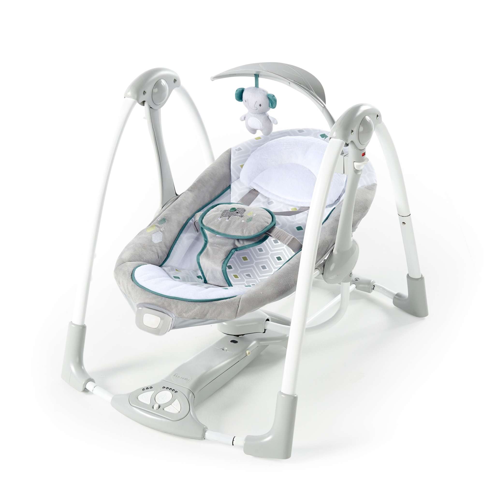 Ingenuity ConvertMe 2-in-1 portable baby swing and infant seat in gray and white with plush toy and foldable design