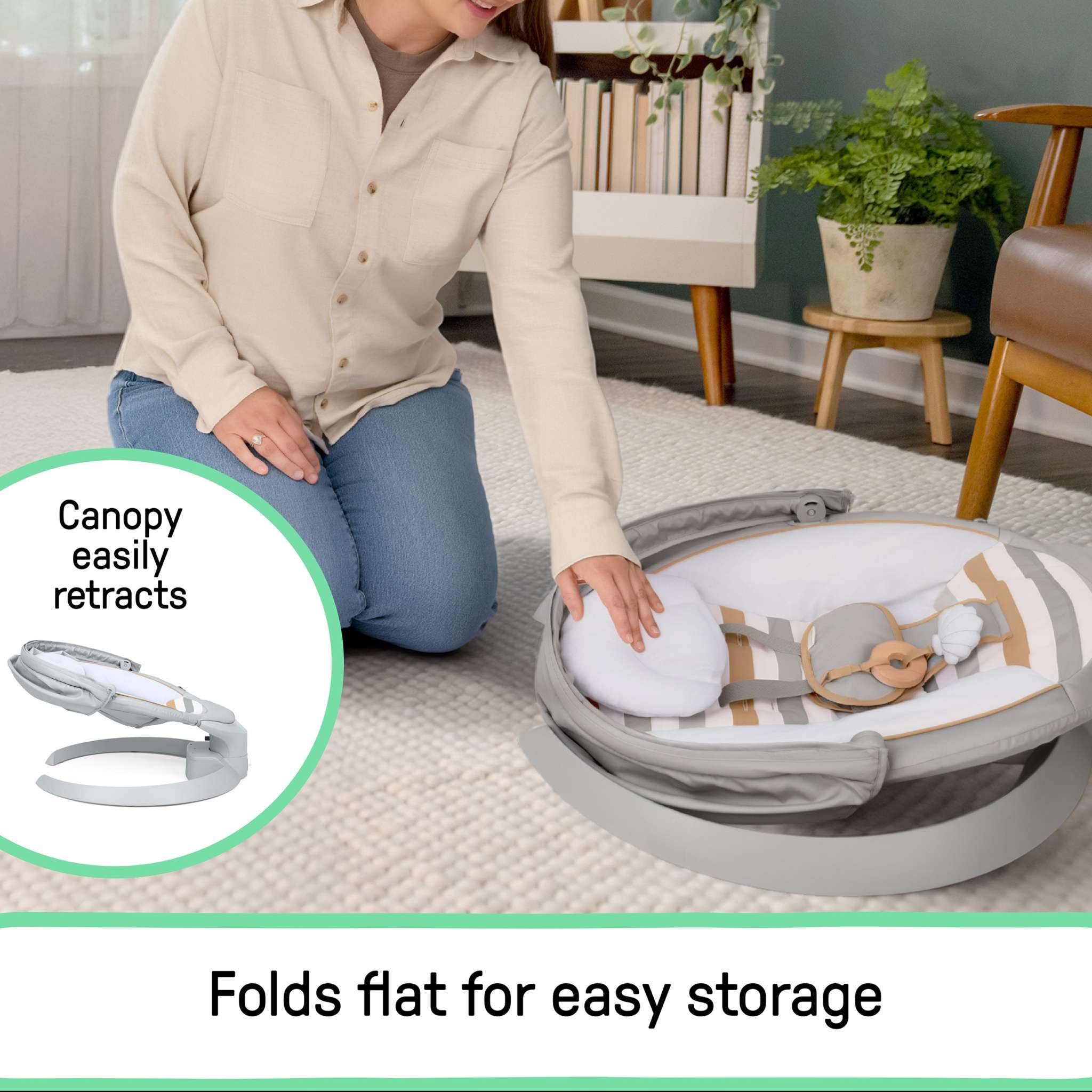 Inlighten Bounce & Sway Swing in Pebble Shore with retractable canopy, toys, and Bluetooth connectivity for soothing baby comfort