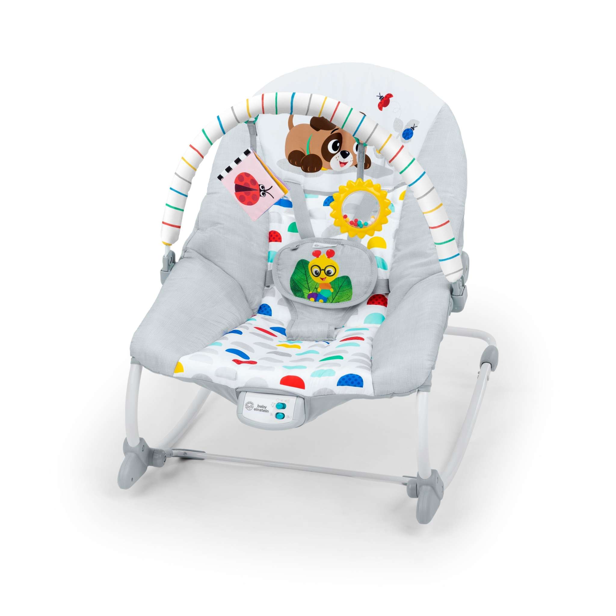 Baby Einstein Dean’s Discovery Spot Musical Infant to Toddler Rocker with toys and adjustable seat.