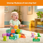 Baby playing with Bright Starts Cubes & Cuties 18-piece set featuring colorful blocks and animal toys on a carpet