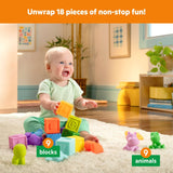 Baby playing with Bright Starts Cubes & Cuties 18-piece set featuring colorful blocks and animal toys on a carpet