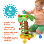 Bright Starts Tropical Twirl Ball play toy with spiraling vine, buttons, lights, and five colorful balls for babies 6 months and up