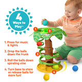 Bright Starts Tropical Twirl Ball play toy with spiraling vine, buttons, lights, and five colorful balls for babies 6 months and up