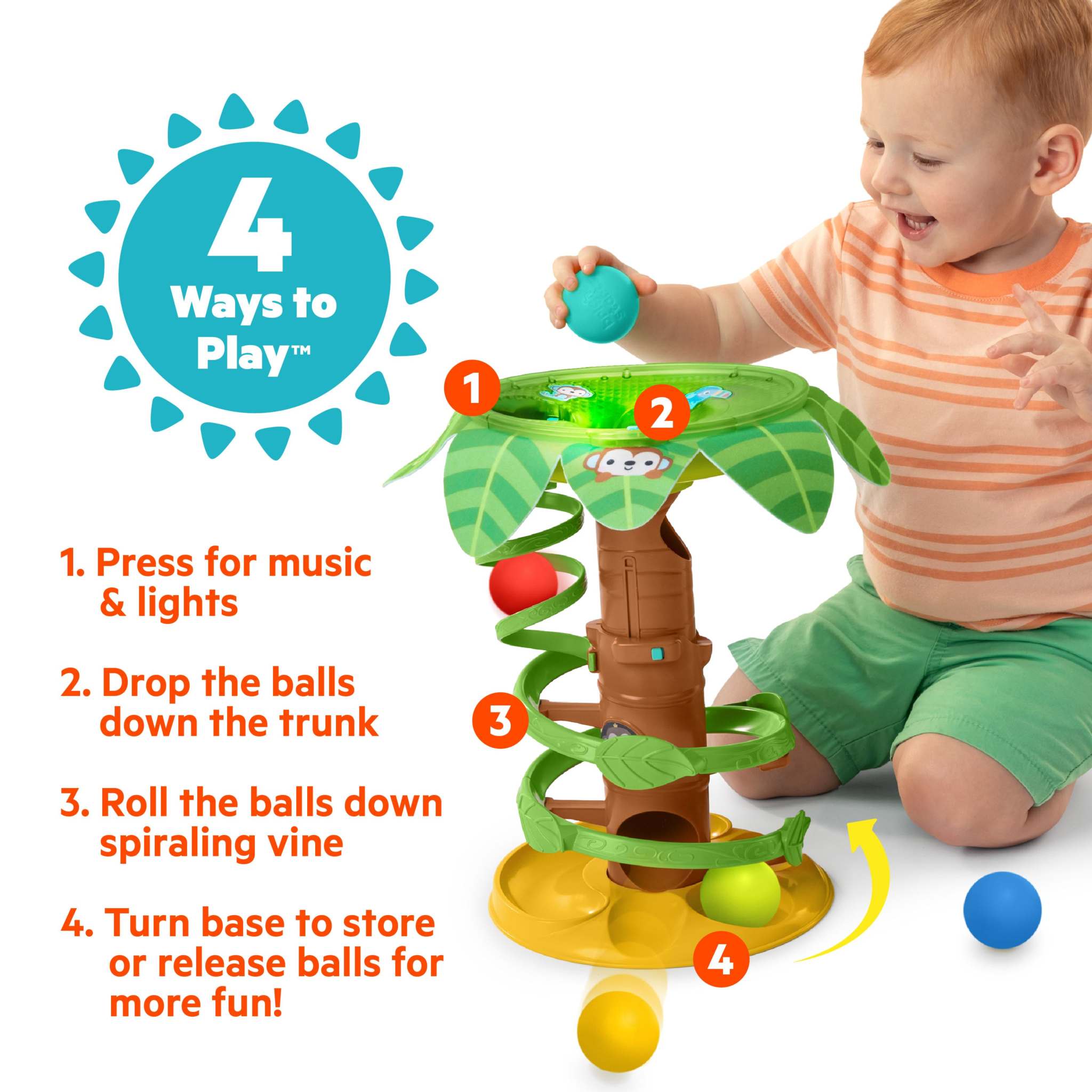 Bright Starts Tropical Twirl Ball play toy with spiraling vine, buttons, lights, and five colorful balls for babies 6 months and up