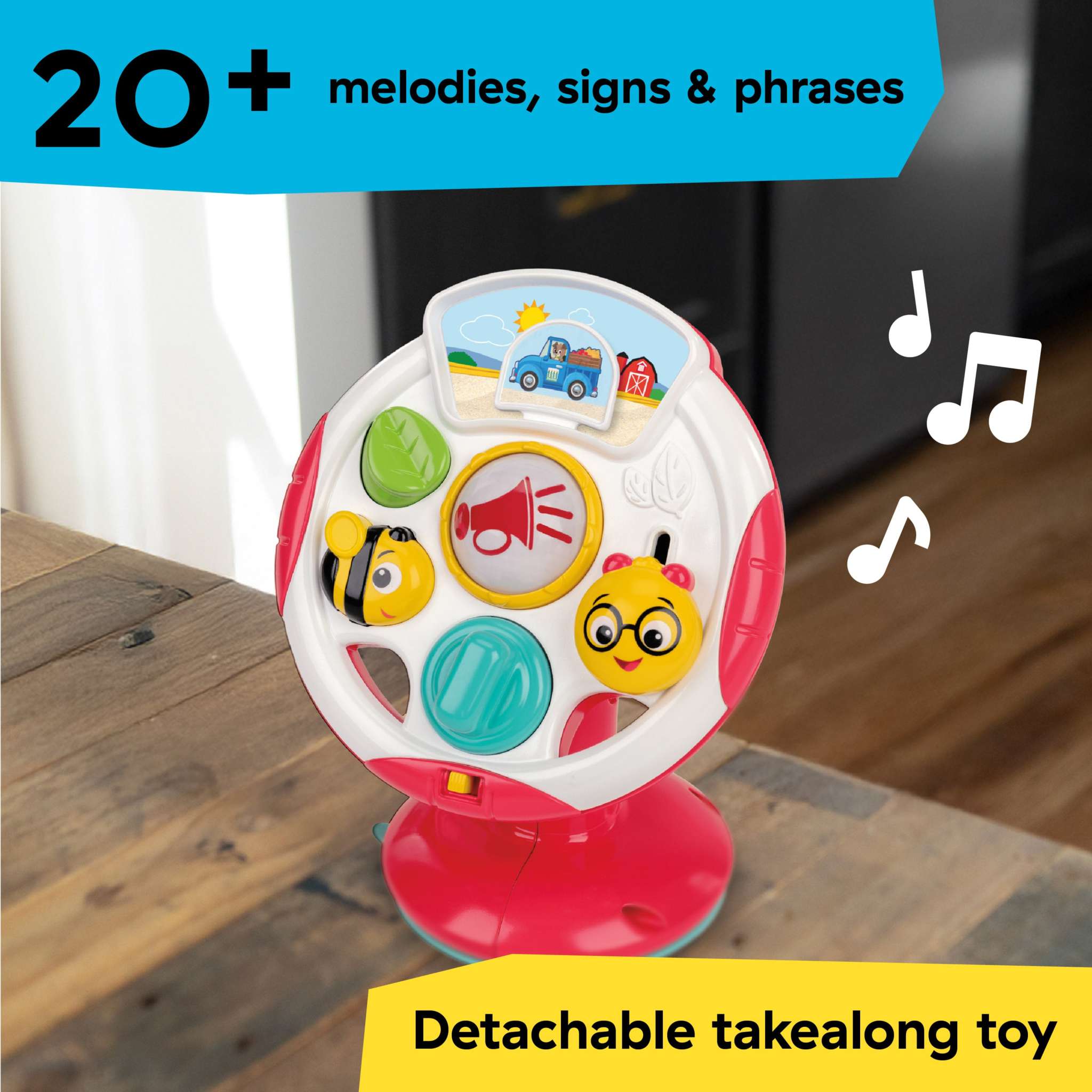 Baby Einstein Snack & Steer Learn-to-Dine Feeding Seat with removable steering wheel toy and compact booster design for ages 6-36 months