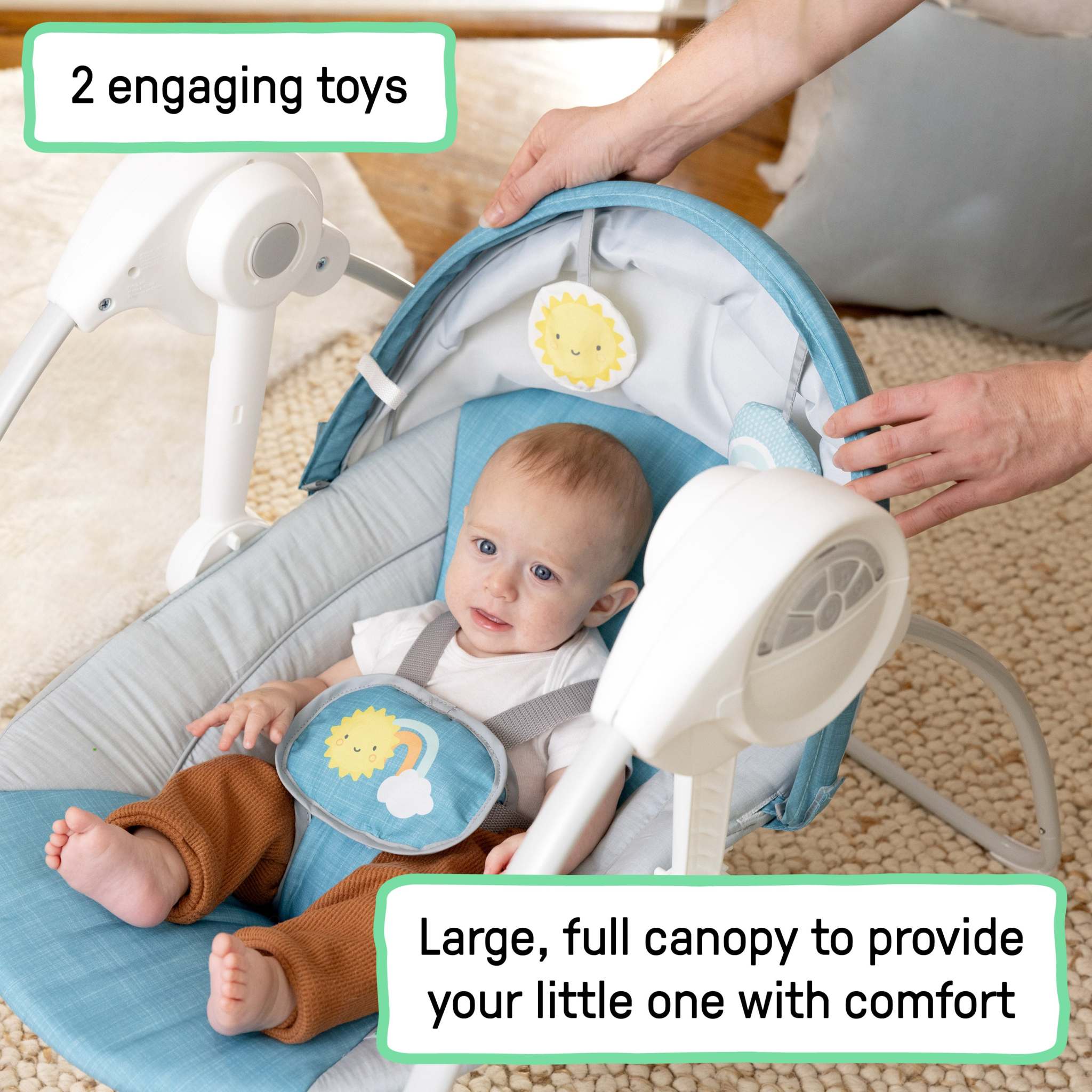 Sun Valley Canopy Portable Swing in teal with canopy, reclining seat, toys, and adjustable harness for babies 0-9 months