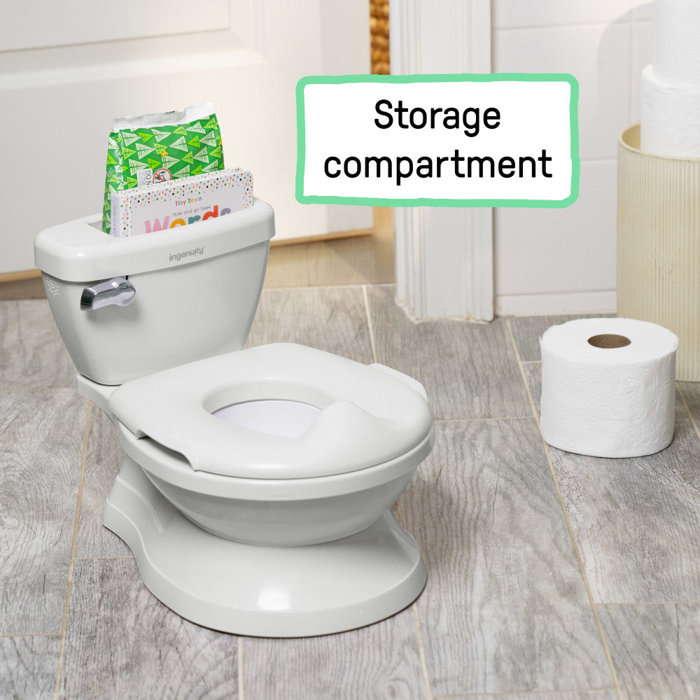 Toilet with a storage compartment labeled 'Storage compartment' in a bathroom setting.