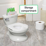 Toilet with a storage compartment labeled 'Storage compartment' in a bathroom setting.