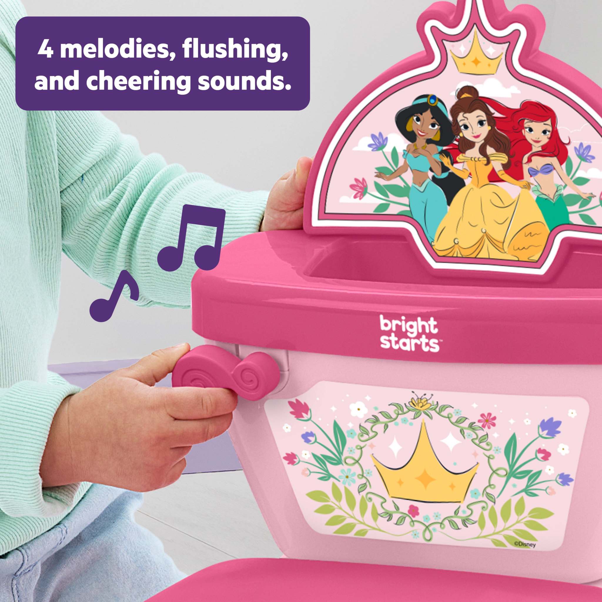 Disney Princess My Size Potty 2-in-1 pink toddler training toilet with Cinderella, Belle, Jasmine, and Ariel decals and sound features