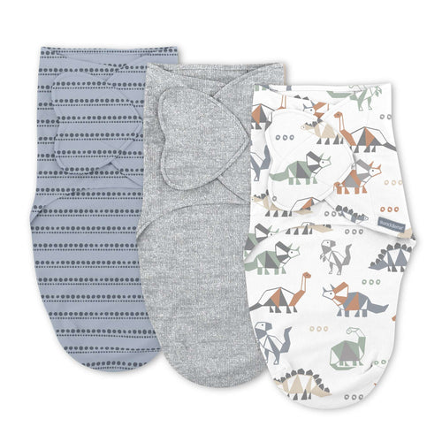 SwaddleMe by Ingenuity Monogram Collection Baby Swaddle, 100% Cotton, 0-3 Months, 1.0 TOG, 3-Pack - Dino Mite