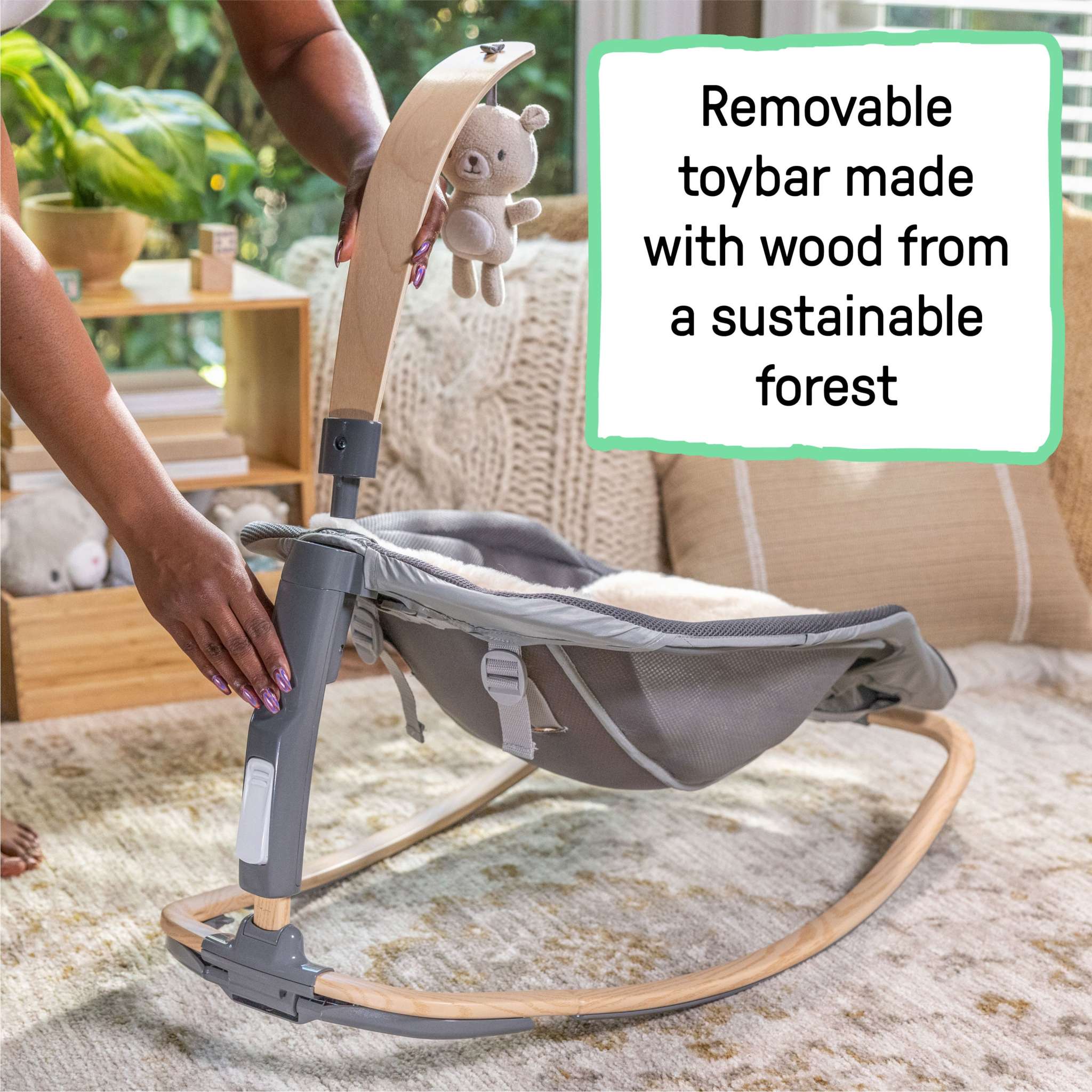 Every Season Rocking Seat baby rocker with natural lambswool and detachable toy bar