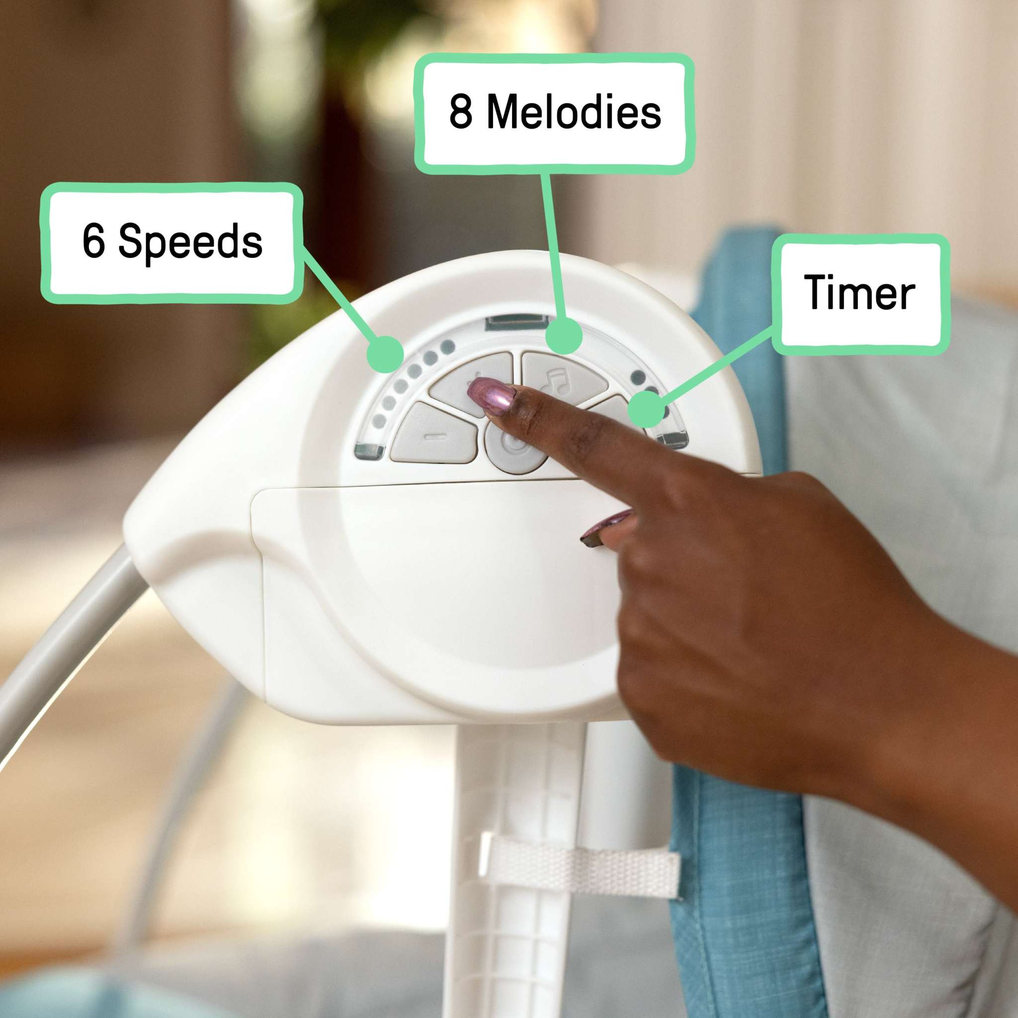 Teal Sun Valley Canopy Portable Swing with toys, canopy, and recline for babies 0-9 months